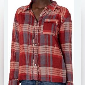 NWT Vintage X America Red/Gray raw edge Plaid Shirt